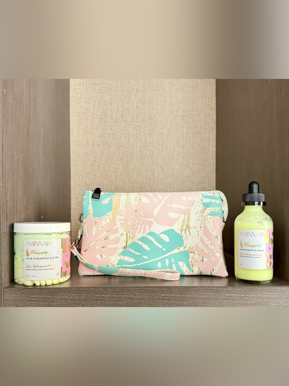 $100 Aminnah Pinapples Serum & Butter & Tropical Vegan Leather Wristlet